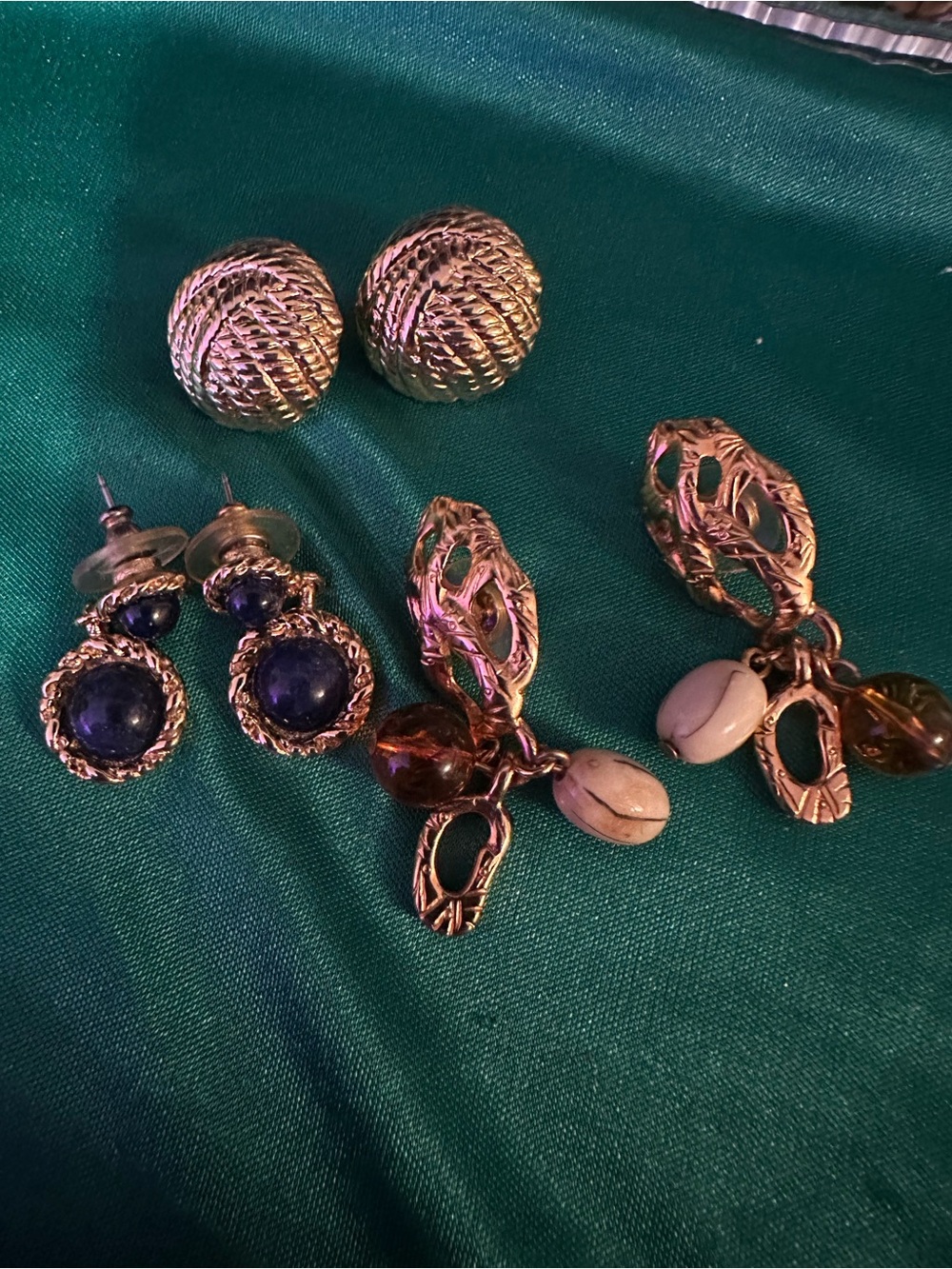3 Gold-Tone Drop Earrings with Brown Beads and Shell Accents and blue accents